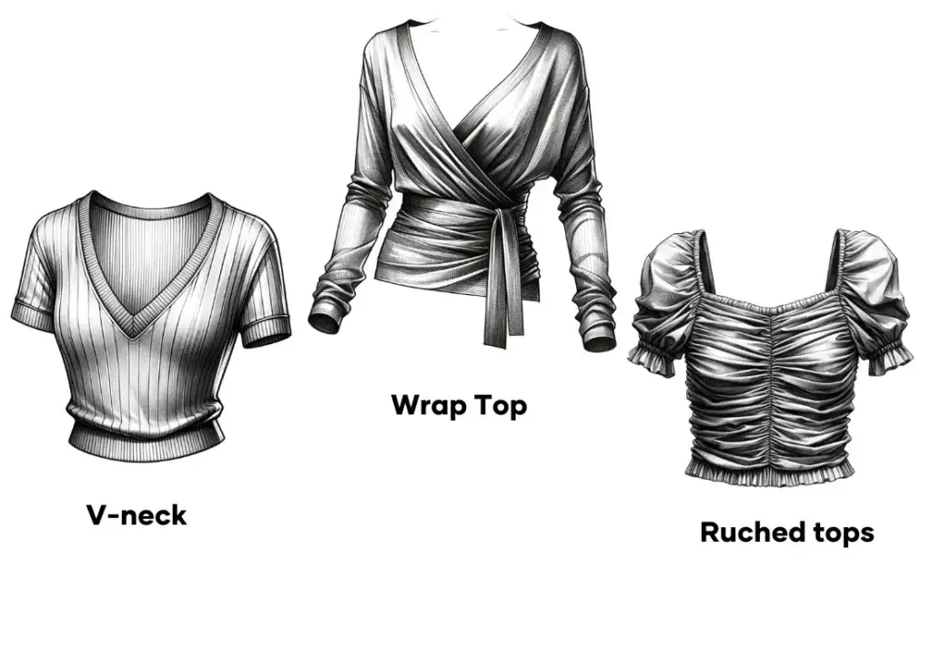 Four black and white sketches of tops, highlighting V-neck, wrap, and ruched designs. Each sketch focuses on the garment's texture and shape, emphasizing unique details like neckline and fabric gathering, without any figures present.