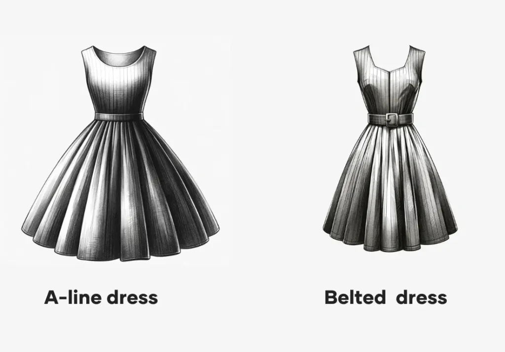 A detailed, realistic black and white sketch of a full-length belted dress, highlighting its defined waistline with a belt and showcasing the entire garment's fabric texture and shape.